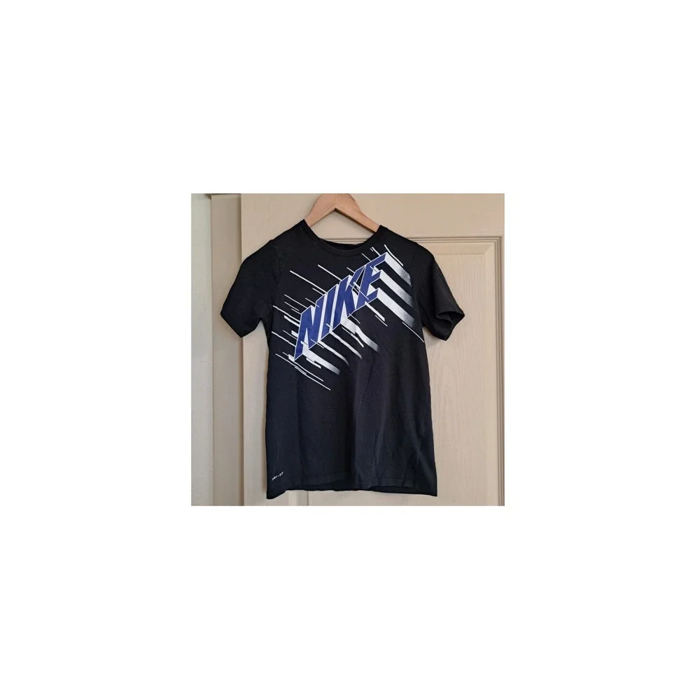 Nike Boys Dri-FIT Graphic Tee Black Blue Athletic Cut Short Sleeve Shirt Large